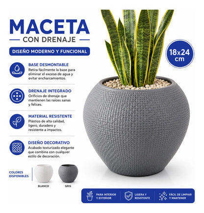Maceta Plástica Decorativa Texturada Redonda Drenaje 18x24cm Blanco