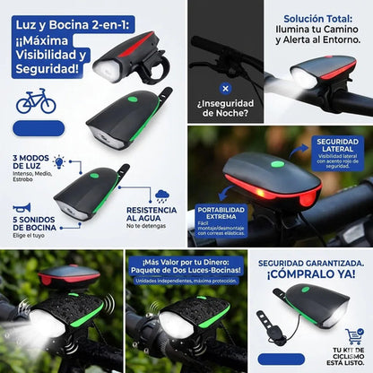 Foco Luz Frontal Led Bicicletas Sirena Fuerte Tres Modos 140 Negro