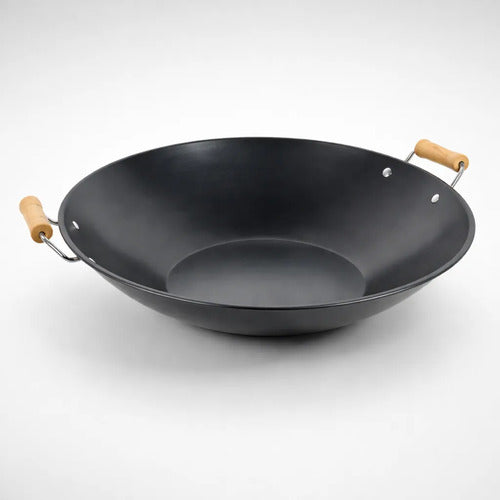 Sarten Wok Antiadherente 43cm Acero Carbono Asas Madera Negro