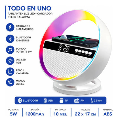 Parlante Bluetooth Cargador Inalámbrico Reloj Alarma Rgb Blanco