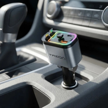 Cargador Auto 120w Cable Retráctil Usb C iPhone Fm Mp3 Rgb Negro