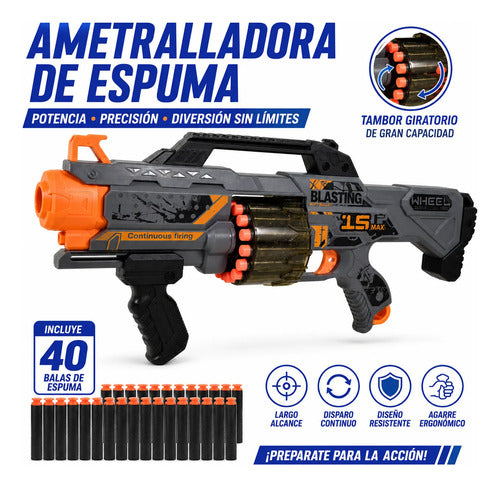 Lanzador Espuma 40 Dardos Tambor Giratorio Manual 51cm Gris Negro Y Naranja