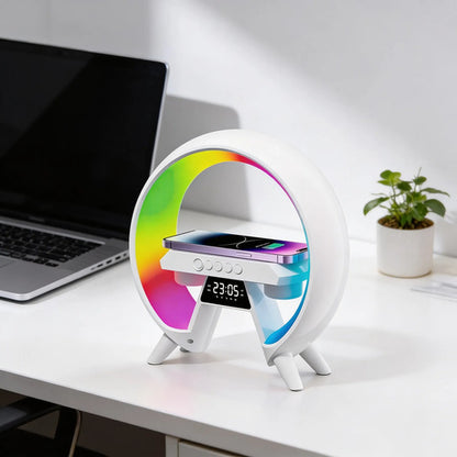 Parlante Bluetooth Cargador Inalámbrico Reloj Luz Rgb Fm Tf Blanco