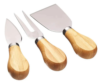 Set Tabla Picadas Bamboo Quesos Pack X3 Cubiertos 36cm Geométrico Marrón Claro