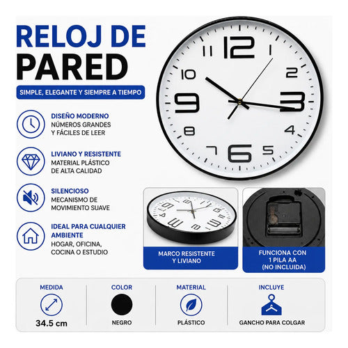 Reloj Pared Analogico Redondo 34.5cm Pila Aa Clásico Moderno Negro