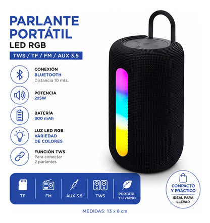 Parlante Portátil Bluetooth Tws Tf Fm Aux 3.5 Rgb 800mah 10w Aleatorio