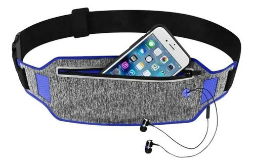 Riñonera Deportiva Porta Celular Ajustable Impermeable Gris Con Azul Liso