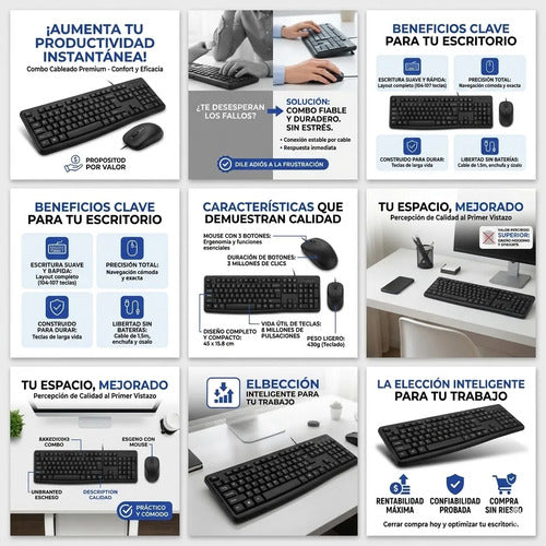 Combo Kit Teclado Mouse Usb Español Ñ Pc Laptop Oficina 1.5m Negro