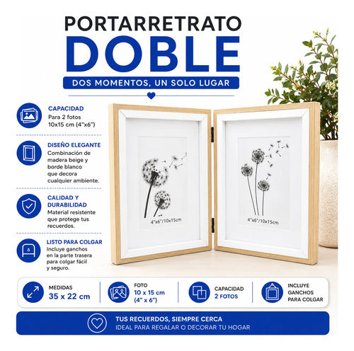 Portarretrato Marco Doble Para Fotos 10x15cm Mesa Escritorio Blanco