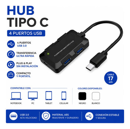 Adaptador Hub Usb Tipo C 4 Puertos Usb Notebook Pc Tablet