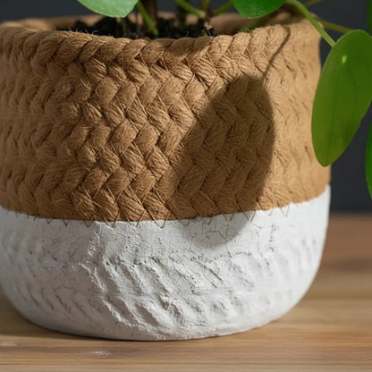 Maceta Cerámica Decorativa Labrada Diseño Yute Rústica 13cm Beige Con Blanco