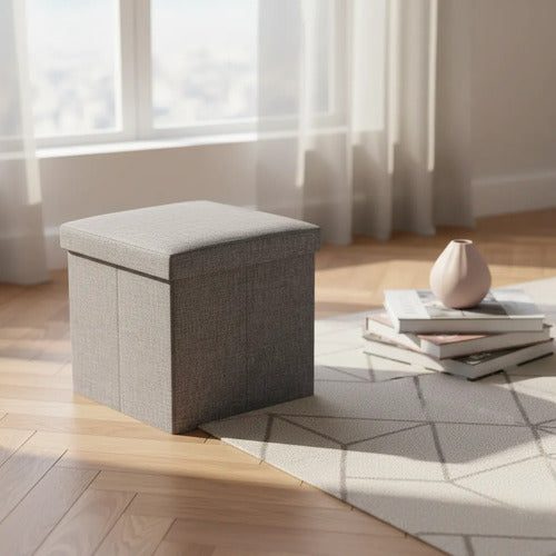Puff Organizador Baul Taburete Plegable Tapa Acolchada 38cm Gris Liso