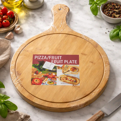 Tabla Cortar Picar Pizza Redonda Madera Con Mango 52x37cm Tabla Pizzera Con Mango