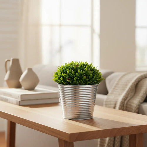 Maceta Metálica Y Planta Artificial Decorativa Hogar Jardin Plateado