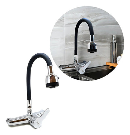Monocomando Mesada 20cm Ente Caño Cocina Canilla Flexible Plateado Con Negro