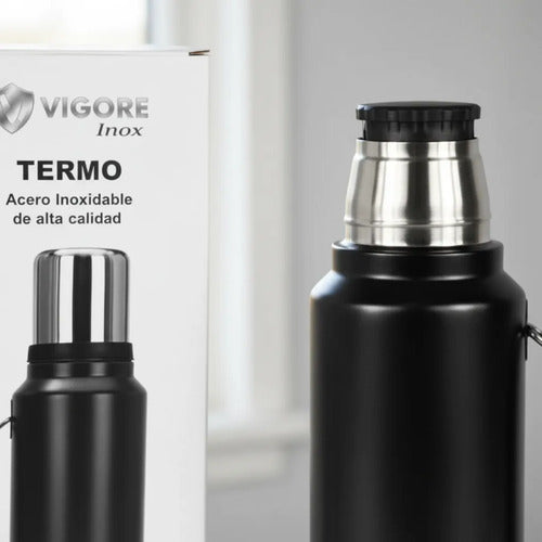 Termo Acero Inoxidable Doble 1200ml Hermético Asa Plegable Negro