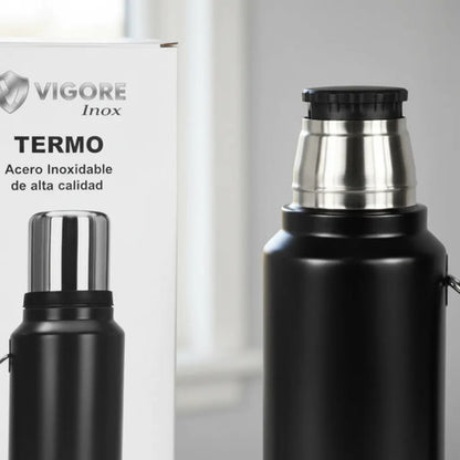 Termo Acero Inoxidable Doble 1200ml Hermético Asa Plegable Negro