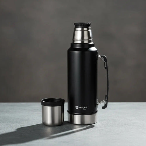 Termo Acero Inoxidable Doble 1200ml Hermético Asa Plegable Negro