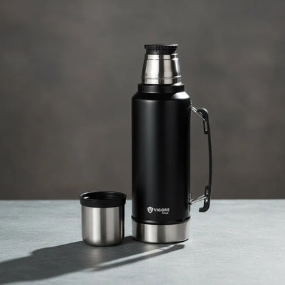 Termo Acero Inoxidable Doble 1200ml Hermético Asa Plegable Negro