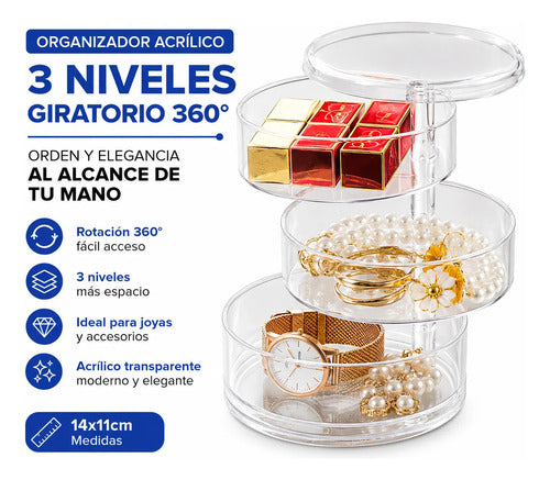 Organizador Joyas Acrílico Rotativo 3 Niveles 360° 14x11cm Transparente