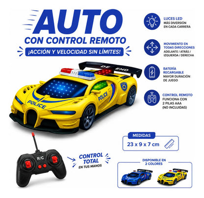 Auto Infantil Control Remoto Luces Led Recargable 23cm Aleatorio - 2 Colores