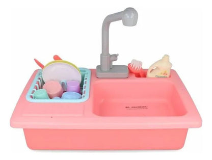 Lavaplatos Infantil Con Agua Accesorios 2 Pilas Aa 40cm Rosa