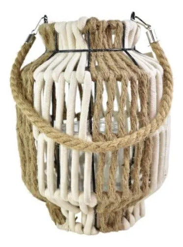 Farol Portavela Decorativo Recipiente Vidrio Y Asa Algodon Natural / Blanco / Beige