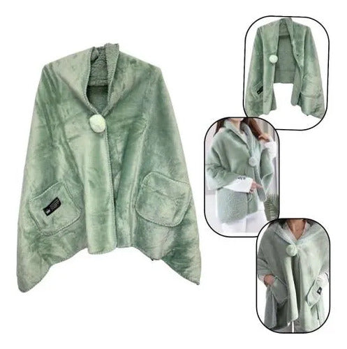 Poncho Manta Corderito Bolsillo 170x65cm Abrigo Frio 450gr Verde Liso U