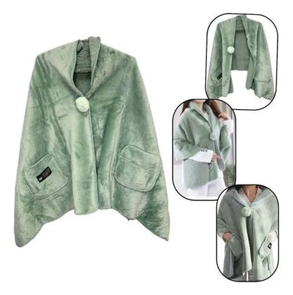 Poncho Manta Corderito Bolsillo 170x65cm Abrigo Frio 450gr Verde Liso U