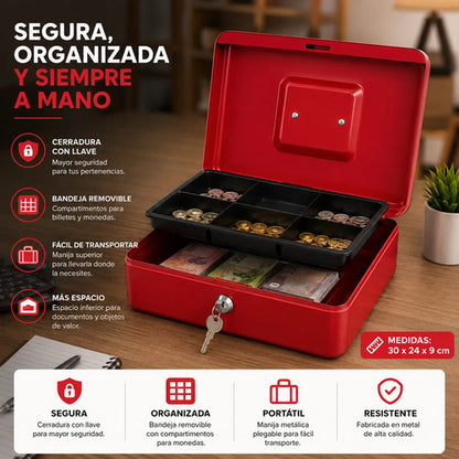 Caja Seguridad Metálica Roja 30x24x9cm Cerradura Llave Rojo