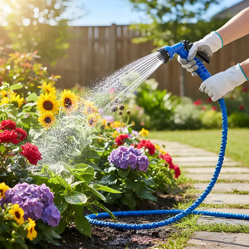 Manguera Retractil Expandible Jardin Regar 15m Con Puntero Azul/verde