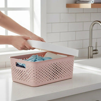 Canasto Plastico Calado Tapa Asas 37x28x15cm Organizador Rosa