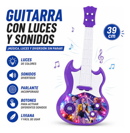 Juguete Guitarra Infantil Luces Sonido Parlante 39cm Botones Violeta
