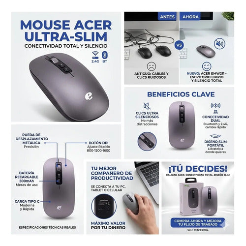 Mouse Inalámbrico Dual Bluetooth + 2.4g Recargable Tipo C Negro