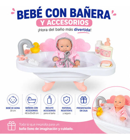 Muñeco Bebé De Juguete 30cm Con Bañera Y Accesorios