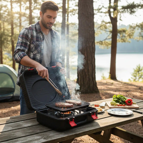 Parrilla Portatil Gas Camping Anafe Hierro Valija Traslado