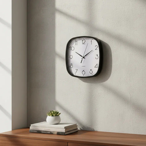 Reloj Pared Cuadrado Analógico Marco Negro 25x25cm Negro Blanco