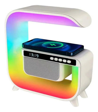 Parlante Cargador Inalambrico Bluetooth Reloj Led Rgb Blanco
