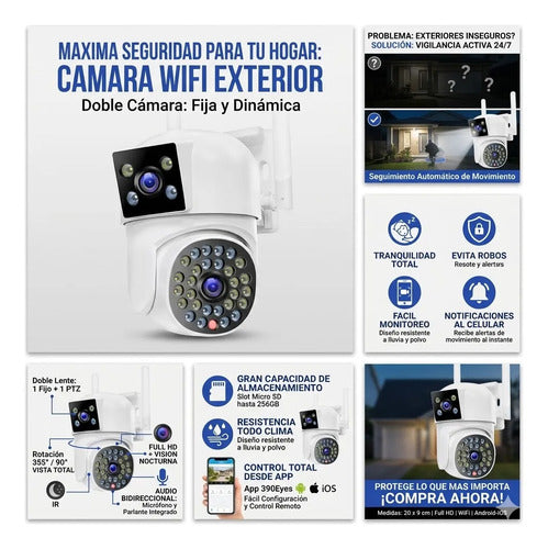 Camara Seguridad Exterior Wifi Doble Lente App Ios Android Blanco