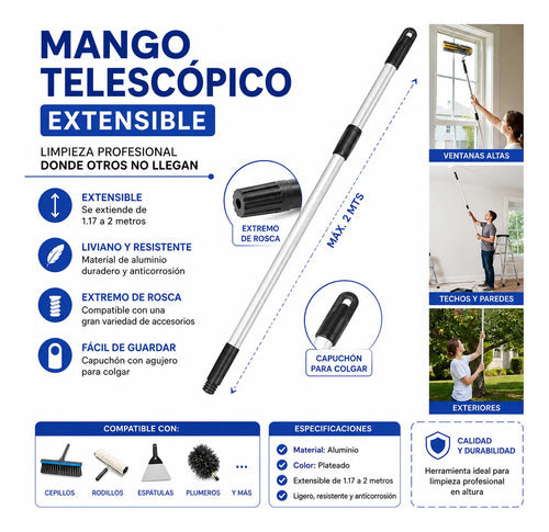 Mango Telescópico Palo Extensible Multiuso Rosca Aluminio 2m