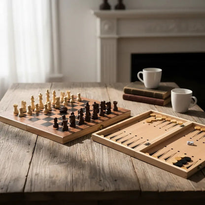 Juego Ajedrez Madera Damas Backgammon Tablero 3 En 1 48x48cm