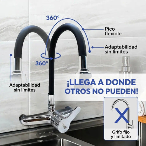 Monocomando Mesada Cocina Canilla Flexible Pared Grifo 20cm Plateado Con Negro