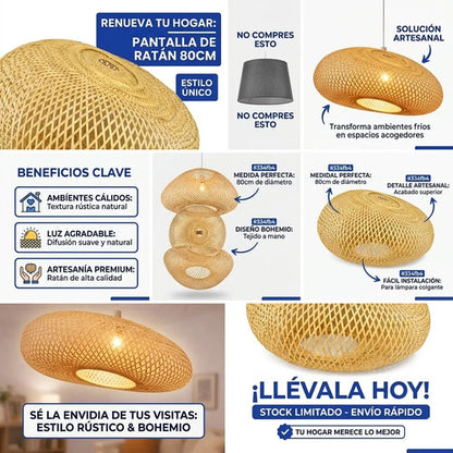 Pantalla Lampara Colgante Ratan Tejido 80cm Rustica Fuerte Ratán Natural / Mimbre Claro Diseño Rústico Y Bohemio