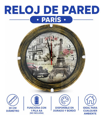 Reloj Analógico Vintage Pared Redondo Estilo París 30cm Dorado