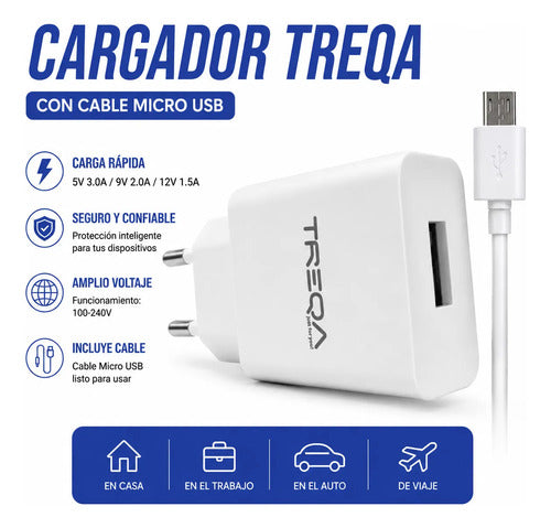 Cargador Pared Usb Micro Usb Carga Rapida 18w Cable Celular Blanco