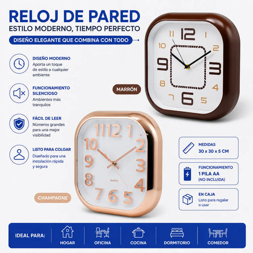Reloj Pared Analogico Cuadrado Quartz 30cm Hogar Oficina Champagne