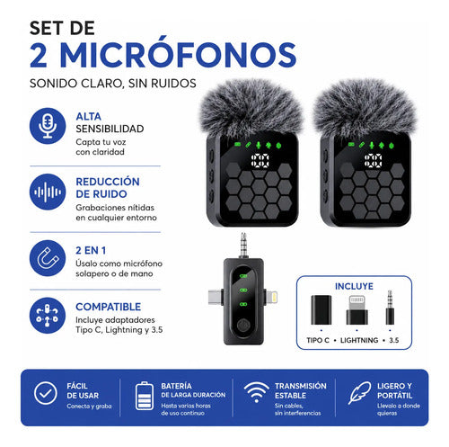 Set 2 Micrófonos Inalámbricos Solapero Mano 3 En 1 Ios Negro