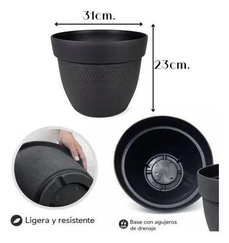 Maceta Plastica Texturizada Redonda Decorativa 31cm Jardin Negro