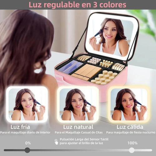 Maletin Cosmeticos Maquillaje Con Luz Led Organizador Espejo Aleatorio