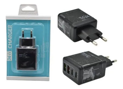Adaptador Cargador Carga Rápida Multiple Universal Usb C Y A Negro